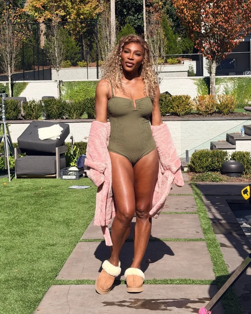 Serena Williams posing in a swimsuit and slippers in new photos